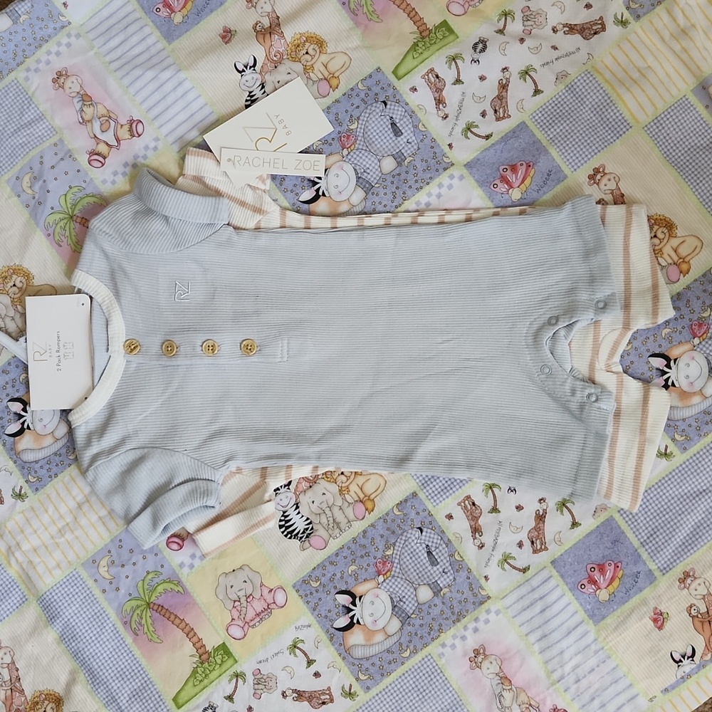 Rachel Zoe 2 pack 6-9 months, short sleeve rompers. Solid blue and Striped khaki